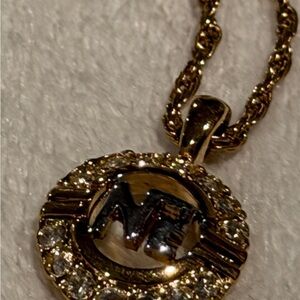 Nina Ricci NR Logo Gold Tone Rhinestone Pendant Necklace Designer Jewelry